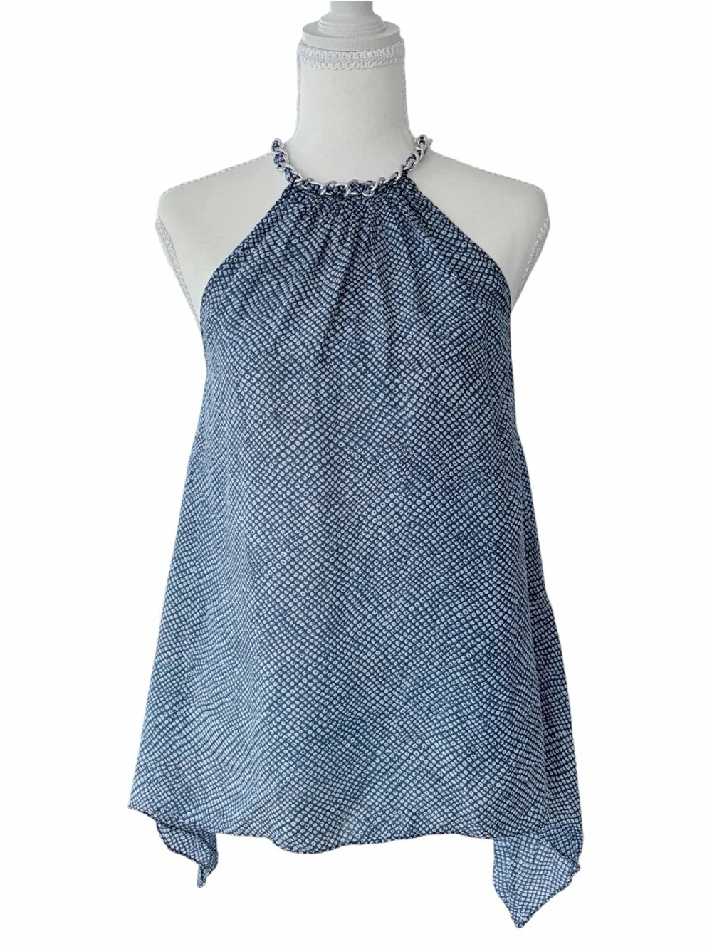 Michael Kors Silk Chain Neck Halter Blouse XS Petite Blue White Resort Top